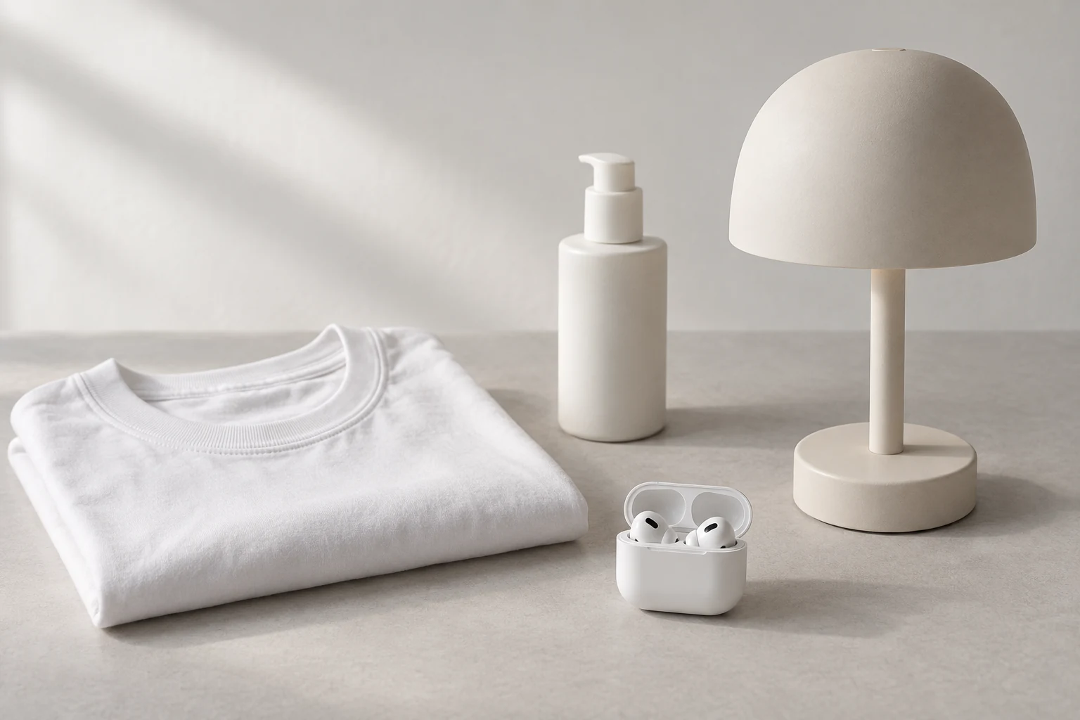 Fone branco, hidratante, camiseta dobrada e luminária em uma composição clara.